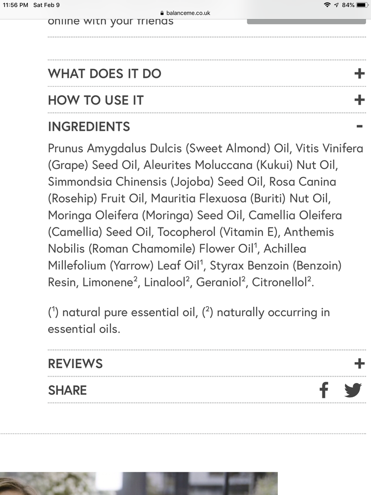 Balance Me Extra Care Radiance Facial Oil ingredients list