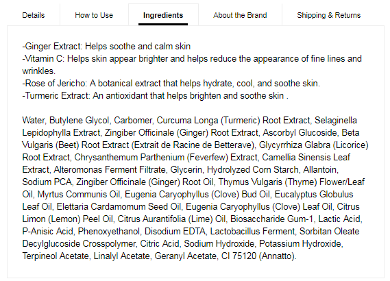 Ingredients List - First Aid Beauty Hello Fab Ginger & Turmeric Vitamin C Jelly Mask (from Sephora dot com)