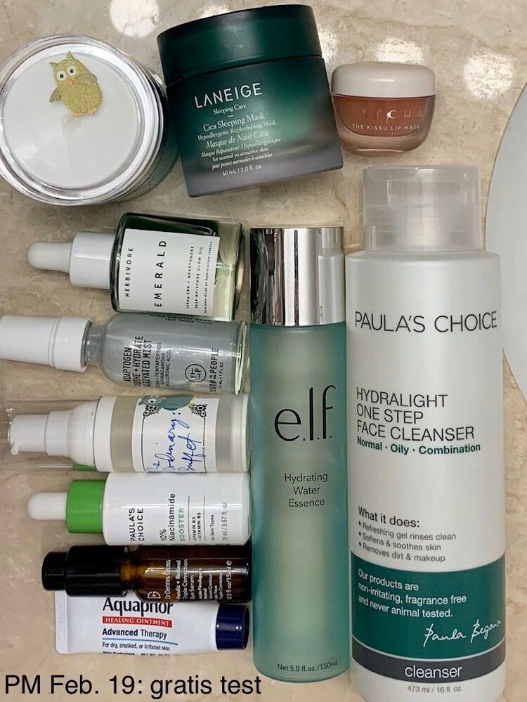 PM Feb. 19: products used in clockwise order, starting with cleanser.
